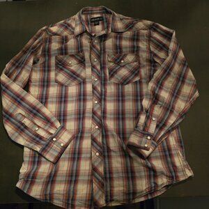 XL Pelham Western Shirt Beige Blue Auburn Grey Plaid White Pearl Snaps